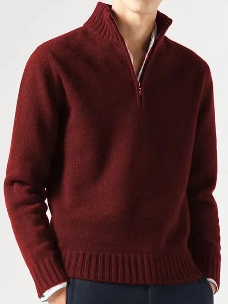 Mens Fashion Zipper Turtleneck Sweaters Casual Solid Long Sleeve Warm Knitted Pullover Winter Cashmere Thicken Jumpers 240816