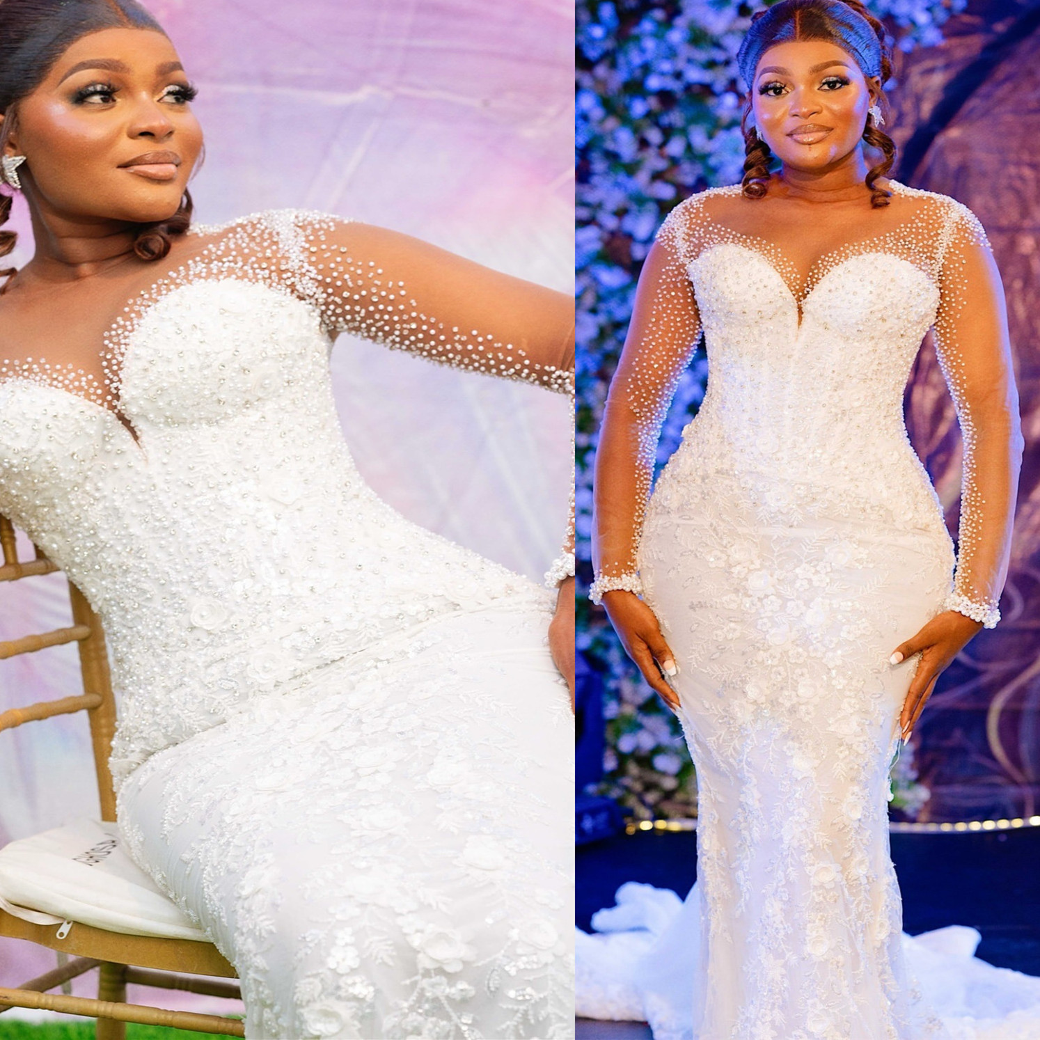 2024 Ivory Mermaid Wedding Dress Pearls Sheer Neck Full Sleeves Lace Vintage Elegant Bridal Gowns Dresses ZJ202