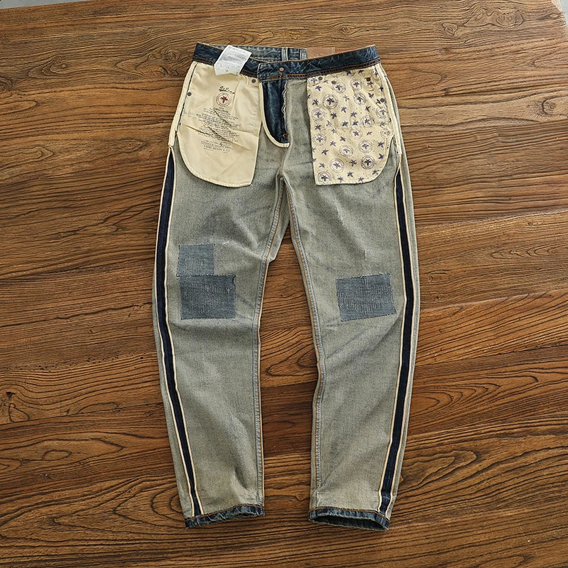 Red Selvedge Denim Jeans for Men High Quality 125oz Tapered Straight Pants WHISKER Painting Washed American Vintage Y2k 512 240816