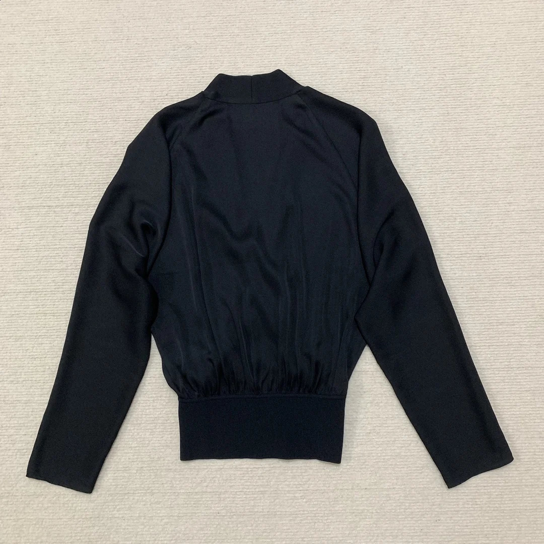 Classic Silk Office Womens Cross Front Long Sleeve Ribbed Belt Splicing Work Style Shirt 240814