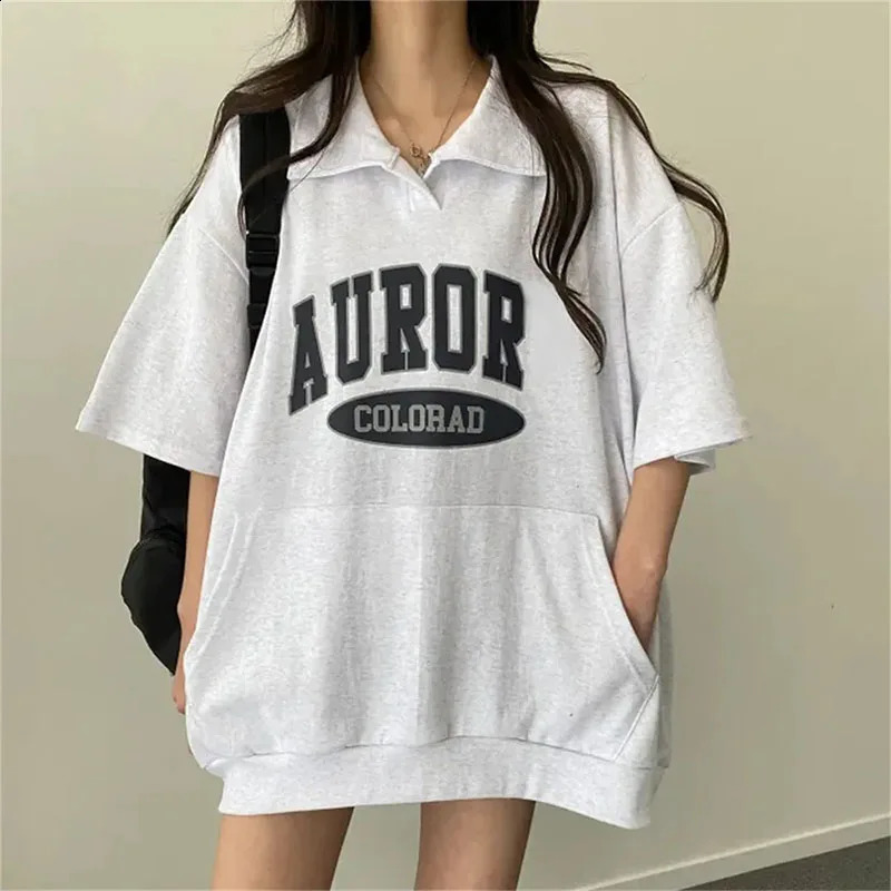 Summer womens short sleeved sportswear Harajuku streetwear fashion letter printing lapel hooded sweatshirt loose pull tab 240814