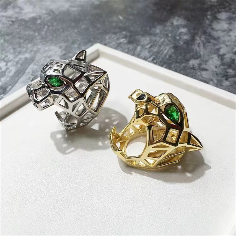 Trendy Hollow Leopard Animal Finger Ring Green Eyes Hollow Panther Heads Rings For Men Women Party Jewelry