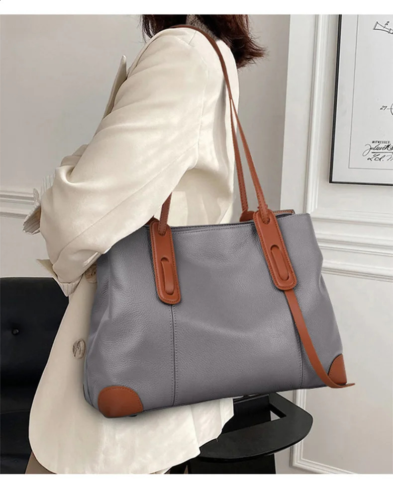 Winter Spring Lichee Genuine Leather Womens Shoulder Bag Large Capacity Soft Work Handbag 240817