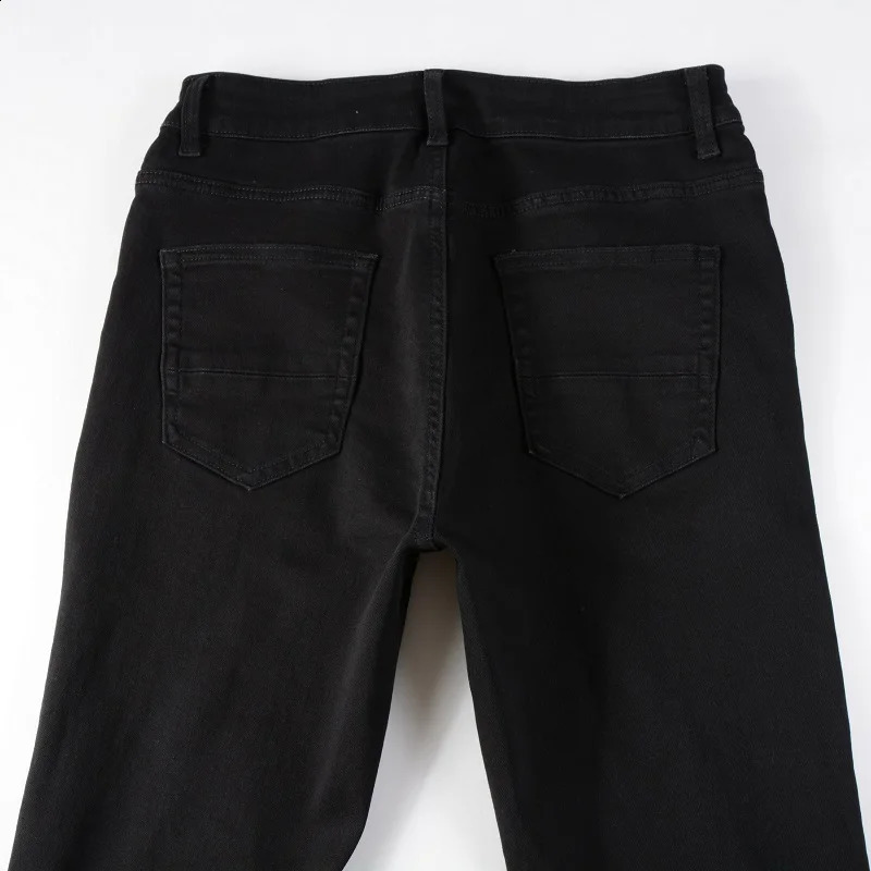 Black EU Drip jeans street ultrathin fit Distressed Holes black leather ribs patchwork stretch suitable for young boys 240816