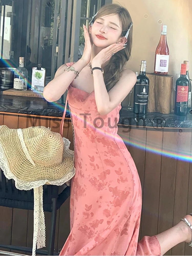 Vintage Y2k Strap Dress Women Summer Casual Sleeveless Retro Midi Dress Female Korean Slim Beach Boho One Piece Dress 240816