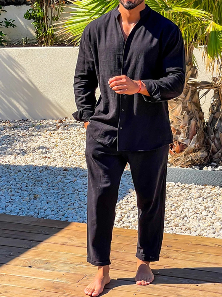 Autumn Streetwear Outfits Men Vintage Suits Long Sleeve Stand Collar Shirt And Pants Tracksuits Mens Casual Two Piece Sets 240821