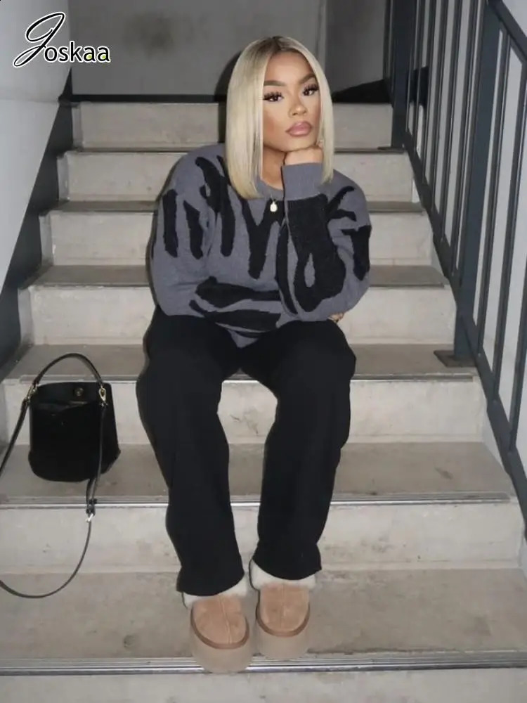 Joskaa Letter Jacquard Knitted Pullovers Women Casual O-Neck Long Sleeve Loose Sweaters Winter Chic Tops Y2K Streetwear 240816