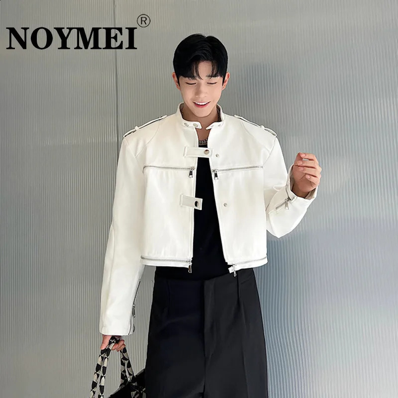 NOYMEI Dual Zipper Decoration Stand Collar Patchwork Leather Jacket Solid Color Fashion Korean Style Autumn Men Coat WA2977 240816