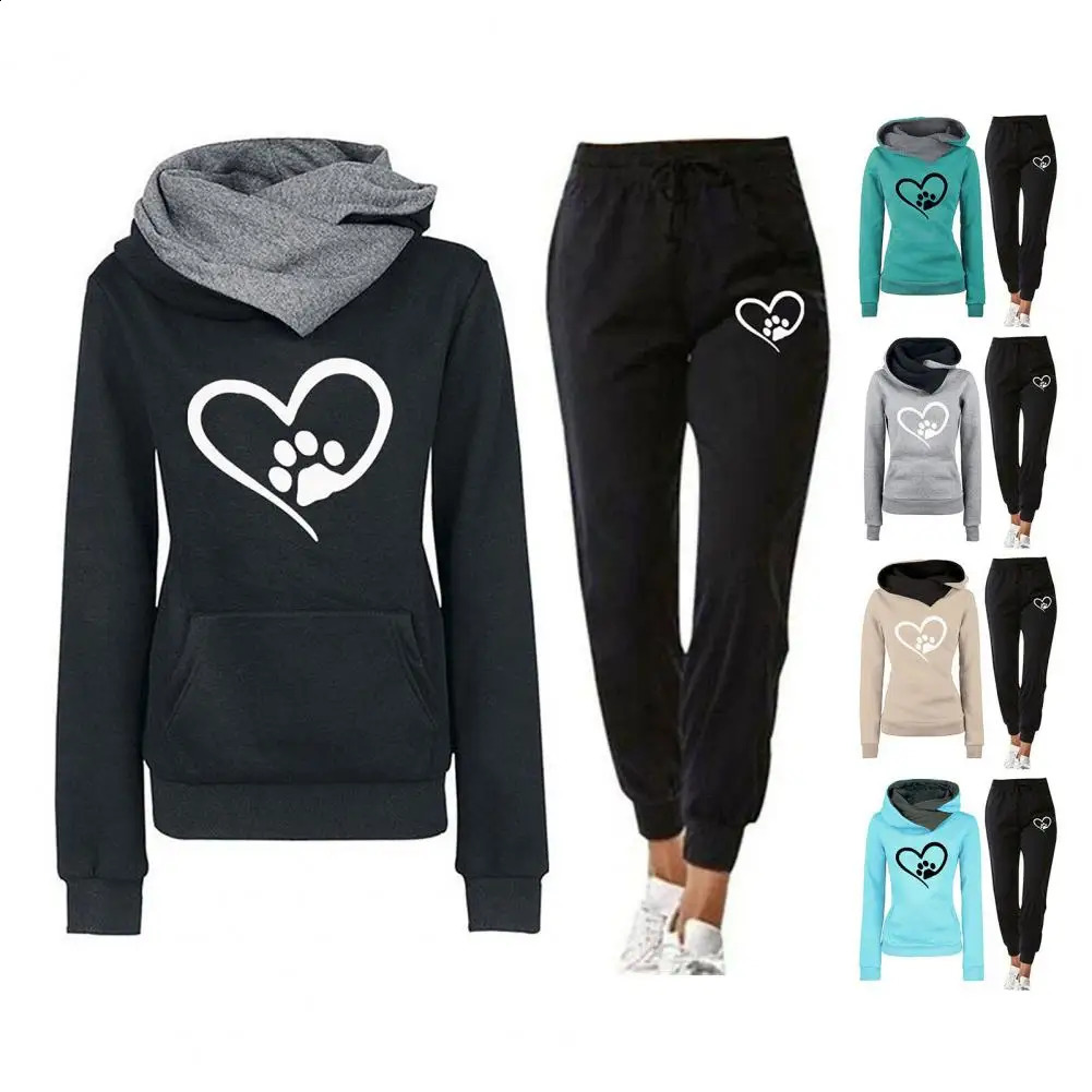 2Pcs/Set Women Autumn Winter Sport Outfit Hooded Long Sleeve Front Pocket Sweatshirt Tops Elastic Waist Jogger Pants Tracksuit 240809