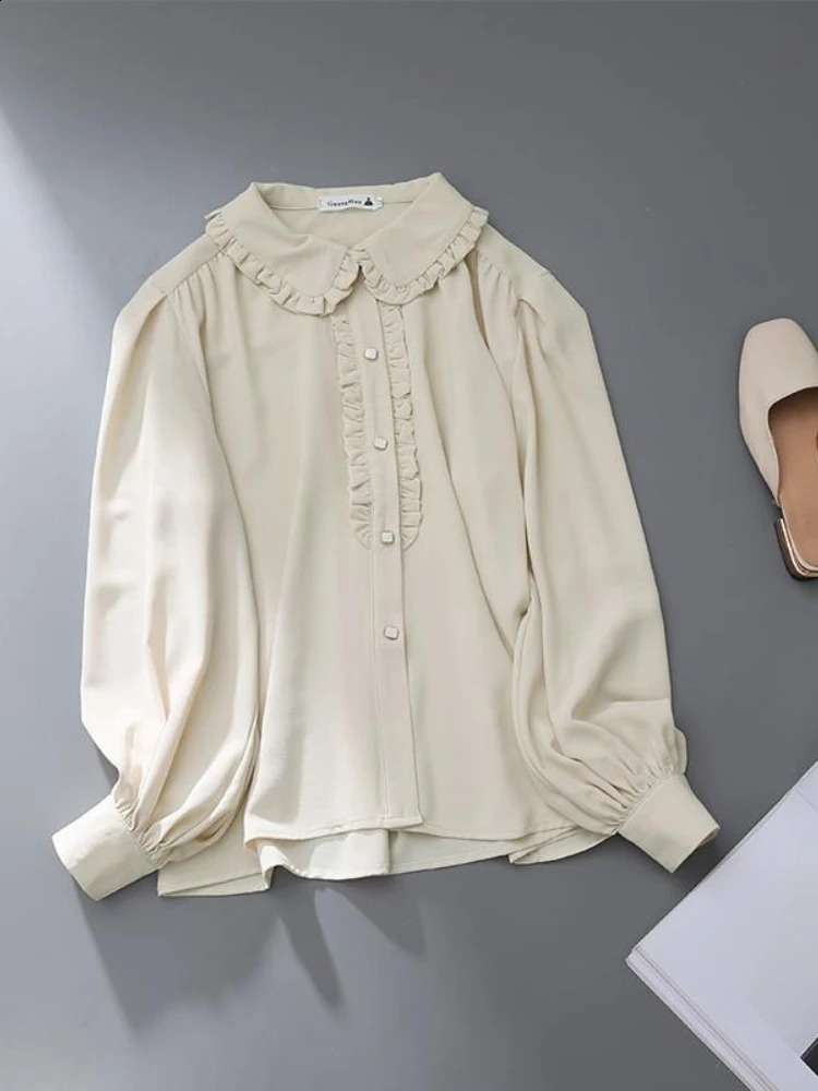 HOUZHOU Sweet Kawaii shirt Lolita Cute Ruffles elegant retro long sleeved womens loose casual Peter Pan collar top 240814