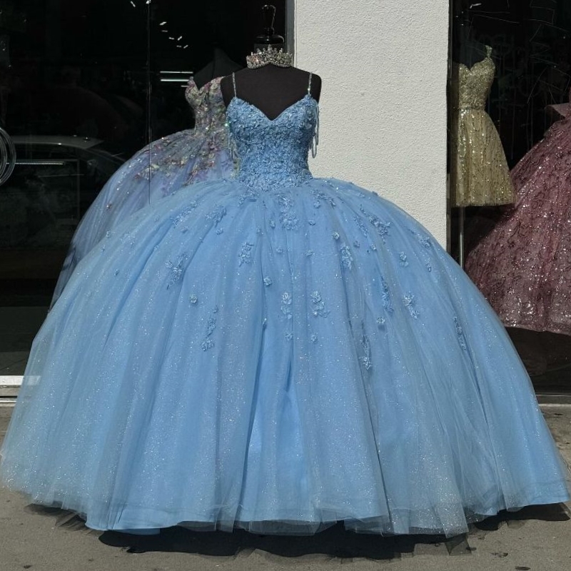 Shiny Quinceanera Dresses Applique Lace Tull Spaghetti Strap Mexican Birthday Party Dress Vestidos de 15 anos