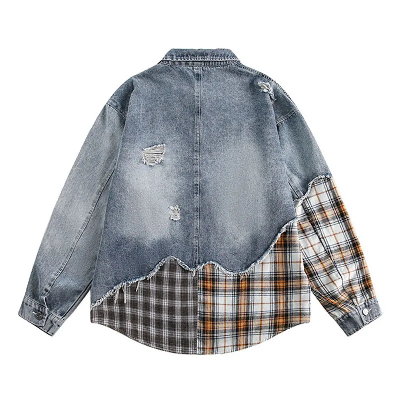 Oversized Hip Hop Ripped Casual Denim Jackets Hi Street Vintage Blue Jeans Coats For Male Patchwork 240816