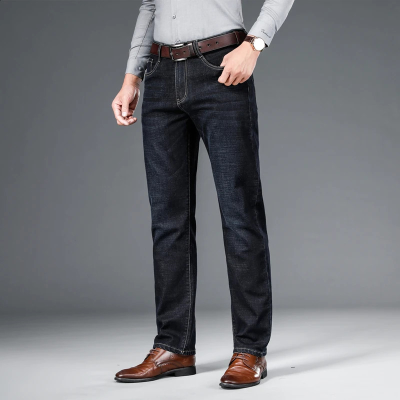 SHAN BAO 2024 autumn spring fitted straight stretch denim jeans classic style badge youth mens business casual trousers 240816