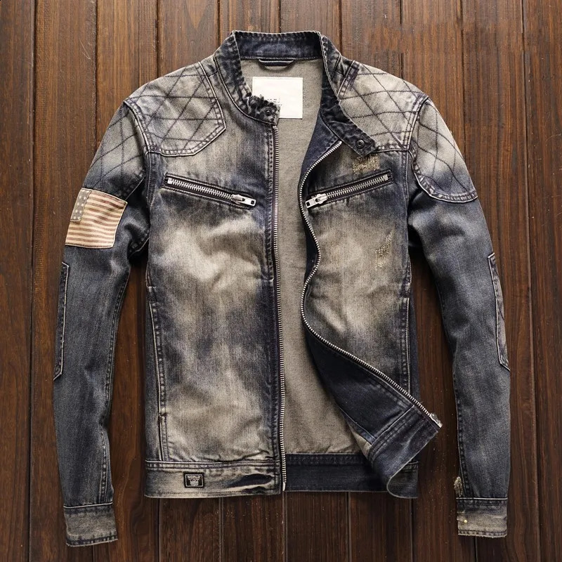 High quality mens long sleeved Oneck zipper flying denim jacket fashionable retro motorcycle loose fit plus size 240816