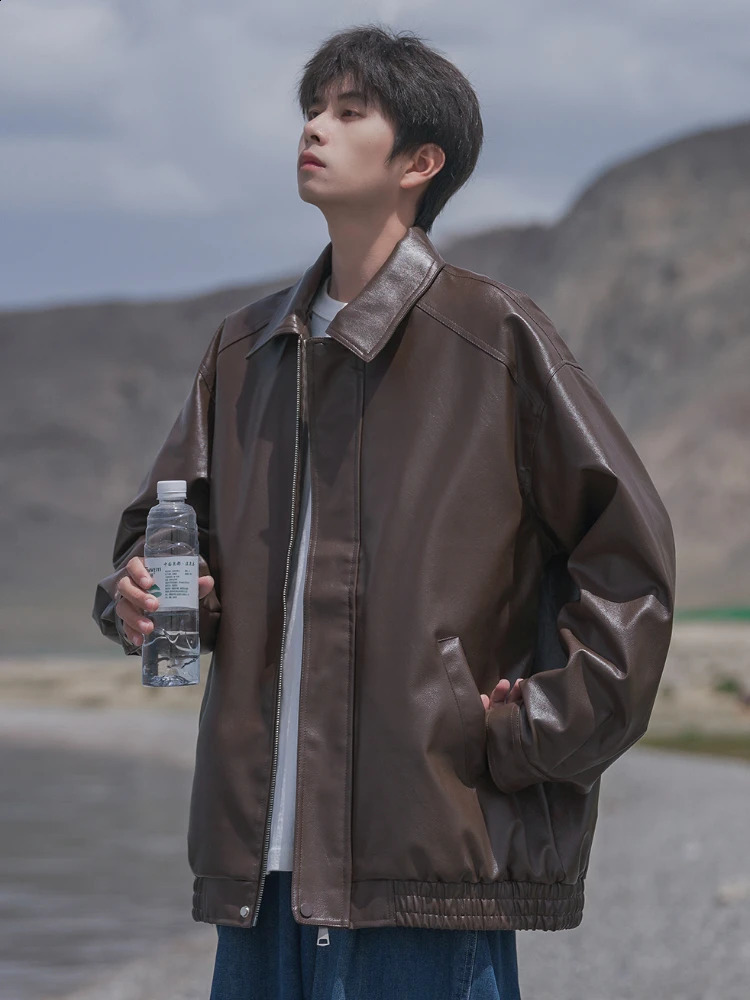 Jackets Men American Retro Y2k Pu-leather High Street All-match Fashion Hipster Overcoats Simple Harajuku Youthful Long Sleeve 240809