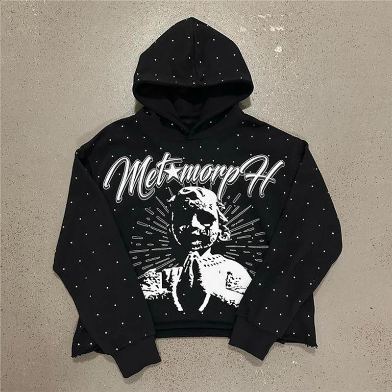 Rhinestone Hoodies Women Gothic Black Pullover Oversized Sweatshirts Female Retro Harajuku Hooded Jacket Y2K Streetwear Men Top 240816