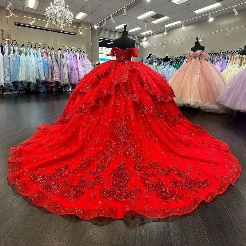 Red Quinceanera Dresses Off The Shoulder 2024 Appliqued Lace Beads Tull Vestidos De 15 Anos Quinceaneras Sweet 16 Dress
