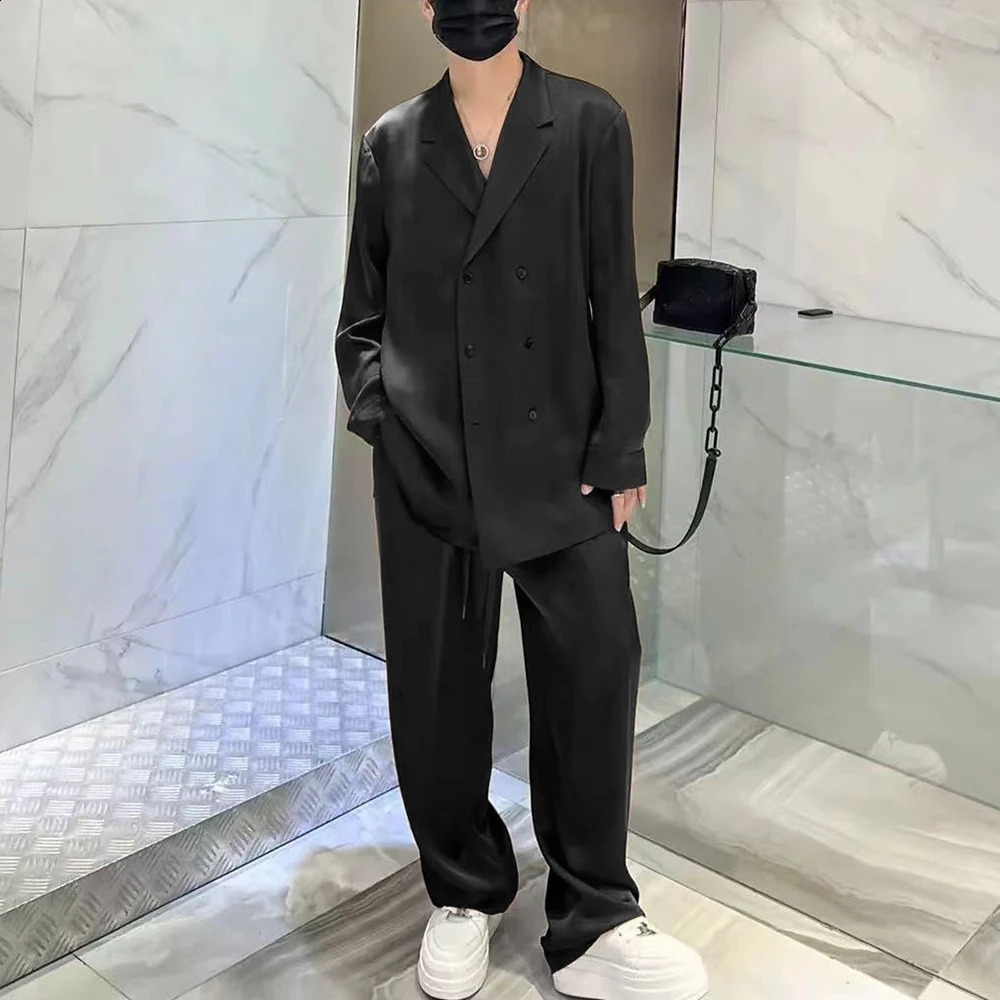 Mens casual suit wide leg pants autumn unisex fashion French solid color elegant two-piece set unisex satin free 240827