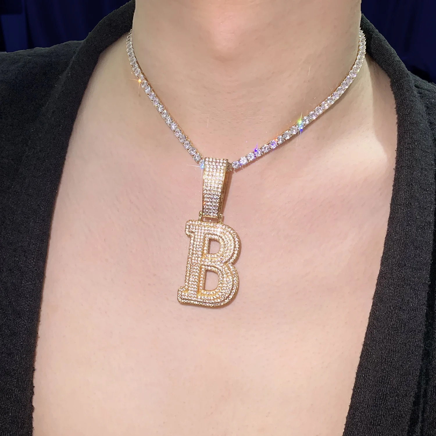 CUC double-layer initial letter pendant ice out CZ zircon hip-hop necklace mens and womens chain custom jewelry single A-Z 240810bj