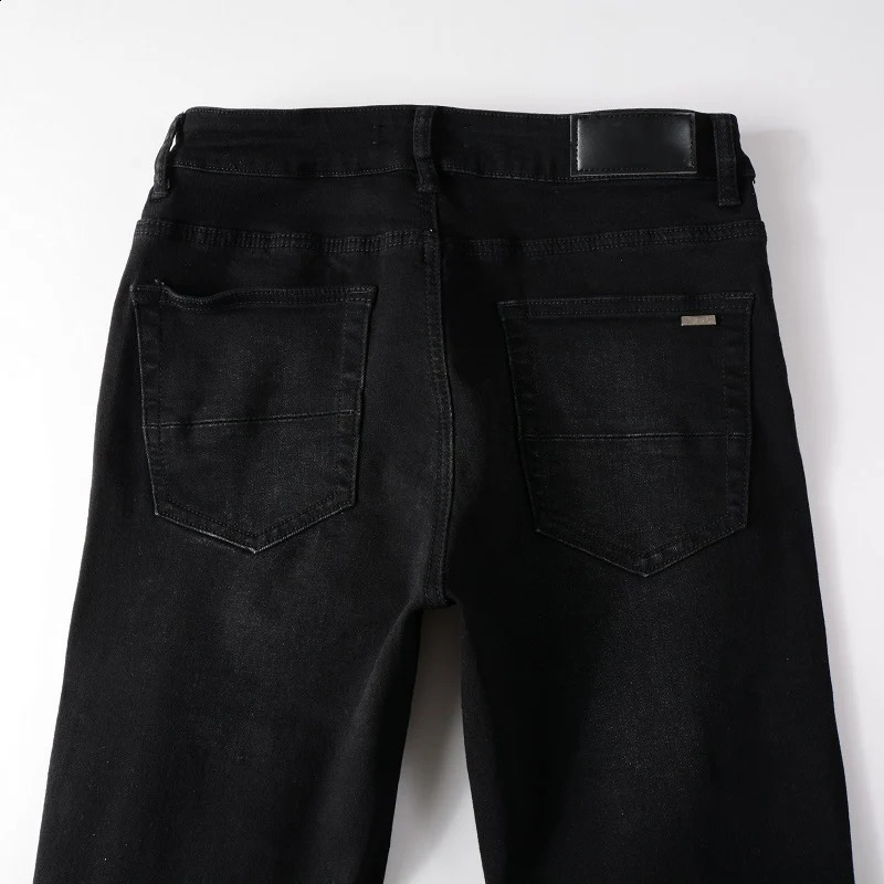 Distressed Black Damaged Holes Ribs Pathcwork Repaired Streetwear Tight Stretch Jeans 240816
