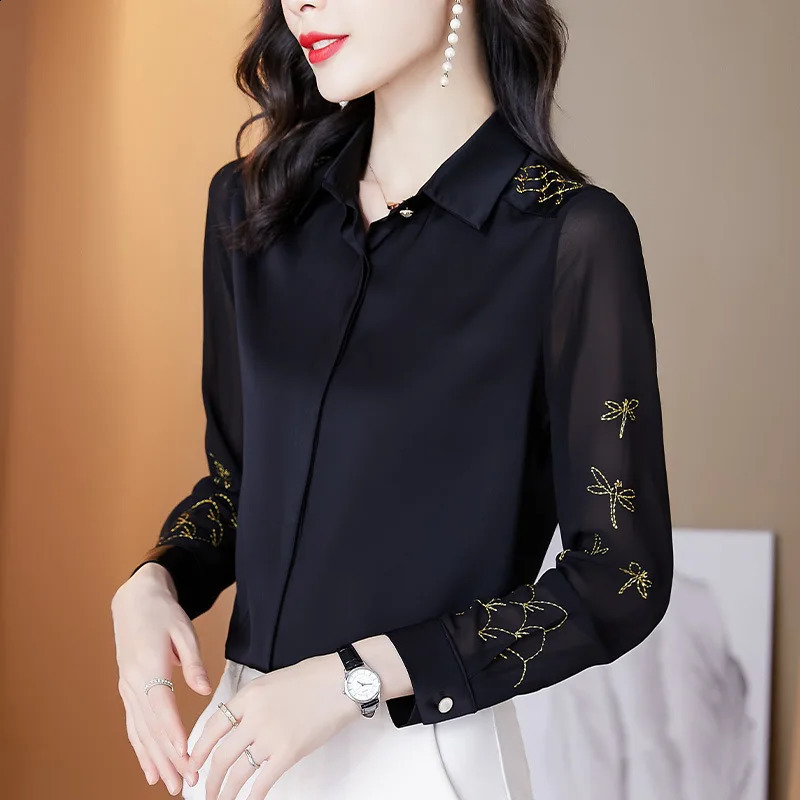 Chiffon womens long sleeved shirt OL temperature spring summer acetate satin 240814