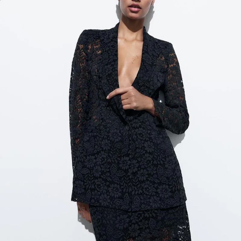 summer solid lace hollow womens suit jacket casual skirt twopiece set w240816