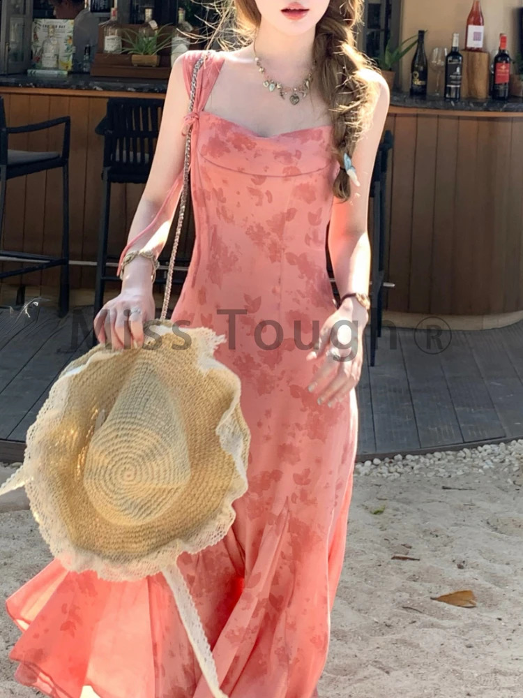 Vintage Y2k Strap Dress Women Summer Casual Sleeveless Retro Midi Dress Female Korean Slim Beach Boho One Piece Dress 240816