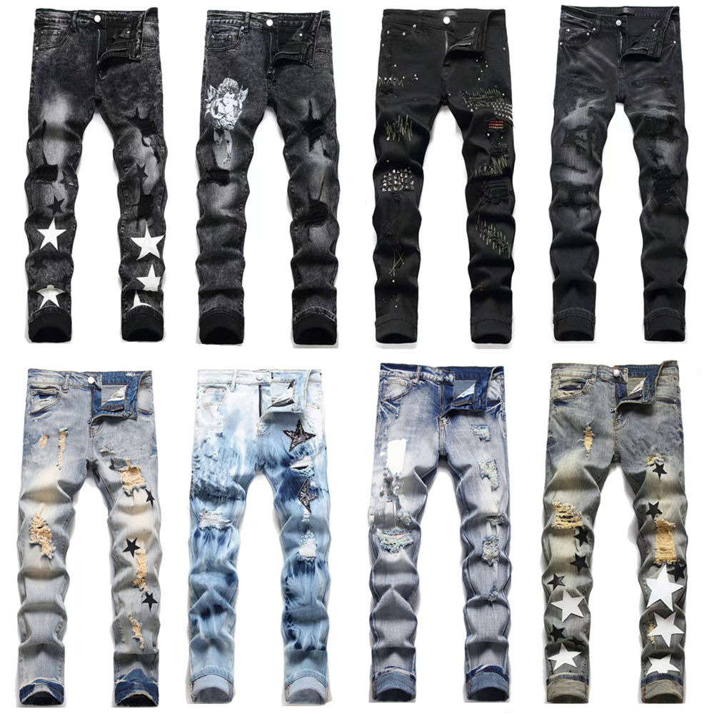 mens jeans designer pants jeans for men Jean Hombre Letter Star Men medium black pink jeans zipper fly embroidery letter printed mens designer jeans Ripped trousers