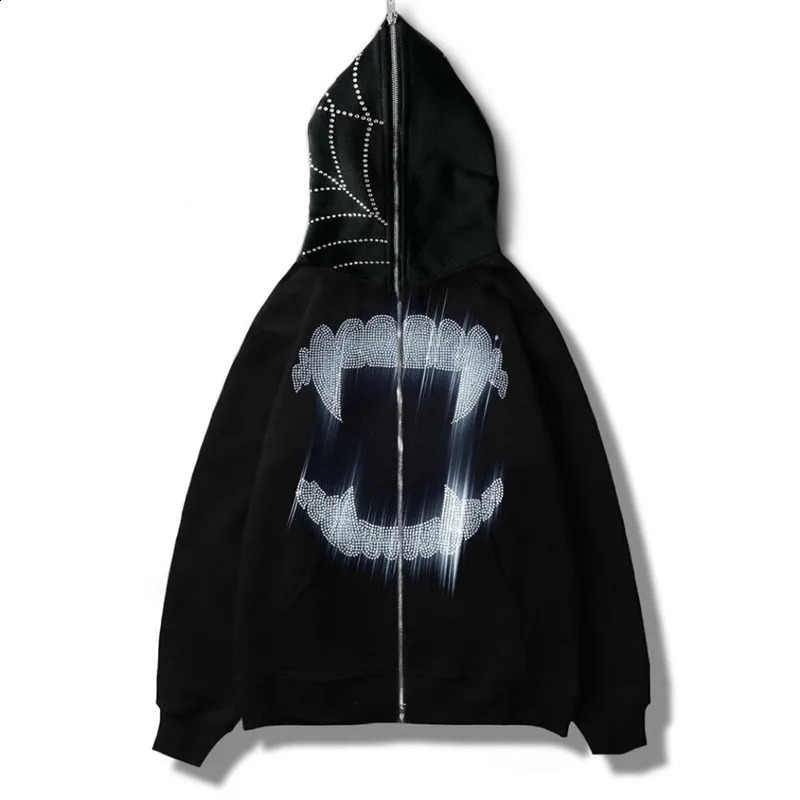 Y2K Rhinestone Cobweb Zip Up Oversized Sweatshirt Autumn Goth Hoodie Men Women Grunge Hooded Jacket Streetwear Y2K Clothing 240809