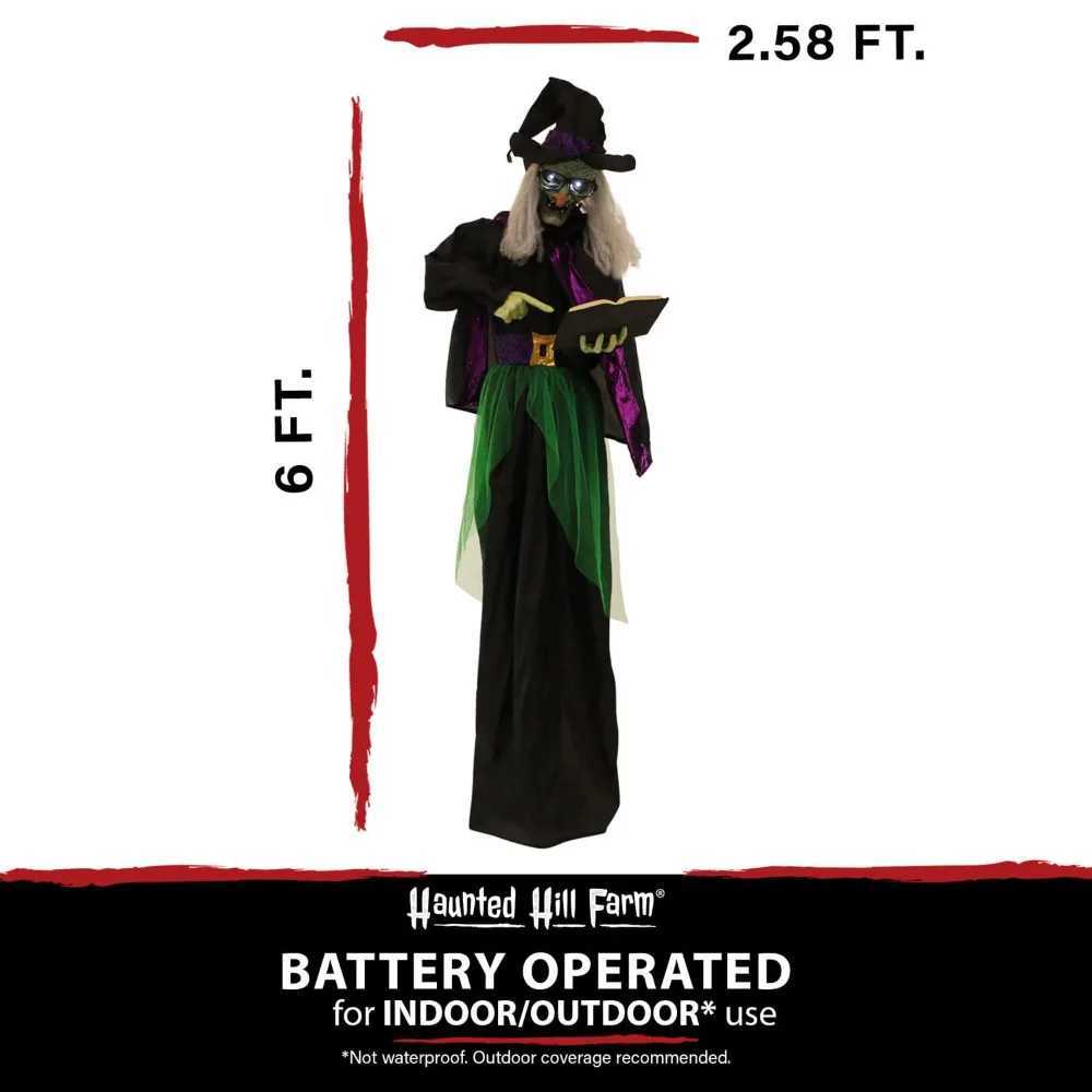 Halloween decoration - a life sized terrifying talking witch holding a magic book Halloween animation with touch activated light and batteryX240817