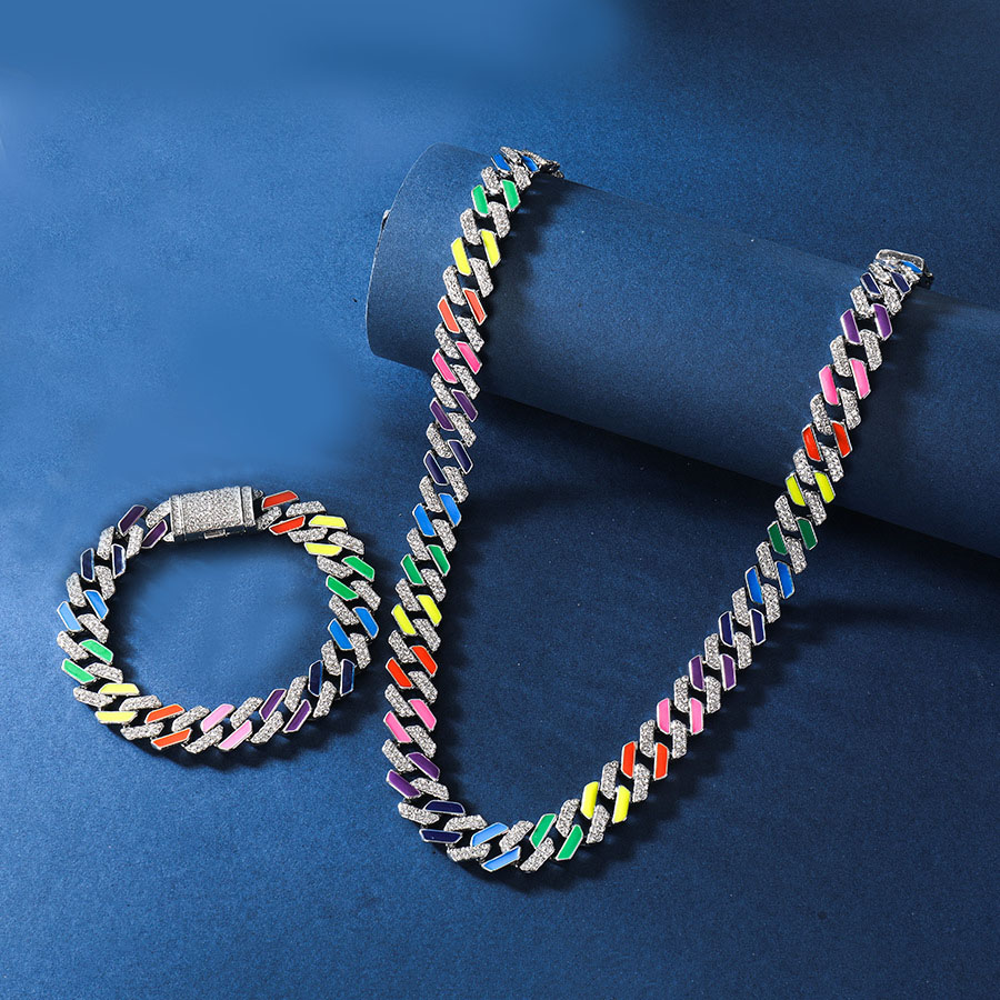 Hip Hop Real Gold Silver Plated Cuban Chain Necklaces Bracelet Jewelry Set for Men Drip Oil Colorful Collar Choker Bracelets Chains Top Quality Man Je