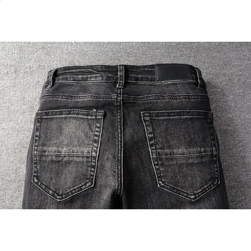 Mens Distressed High Streetwear Jeans Letters Knees Holes Stretch Tight w240816