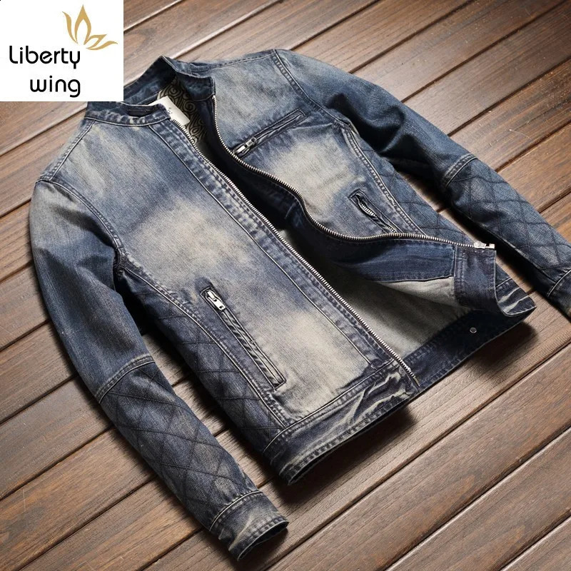 High quality mens long sleeved Oneck zipper flying denim jacket fashionable retro motorcycle loose fit plus size 240816