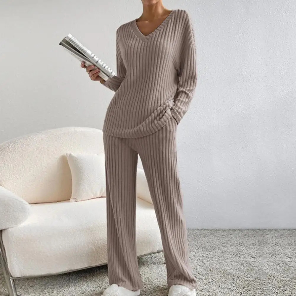 Autumn Winter V-neck Long Sleeve Side Slit Pullover Sweaterhigh Waist Wide Leg Pants Two Piece Set Women Casual Tracksuit 240809