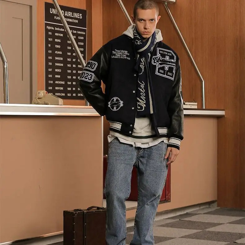 Mens American style heavily embroidered jacket Y2K retro baseball uniform black personalized spring and autumn wool leather 240809