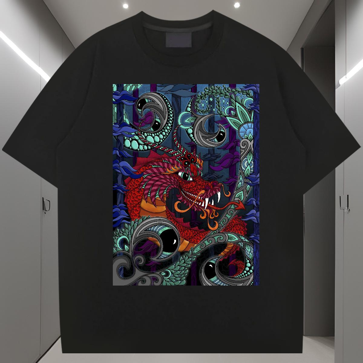 Popular Man T Shirts 100% Cotton 230g dragon Street wear Hip Hop Oversized 4XL Breathable Crew Neck Men Tops Tees 2024 Designer Clothes