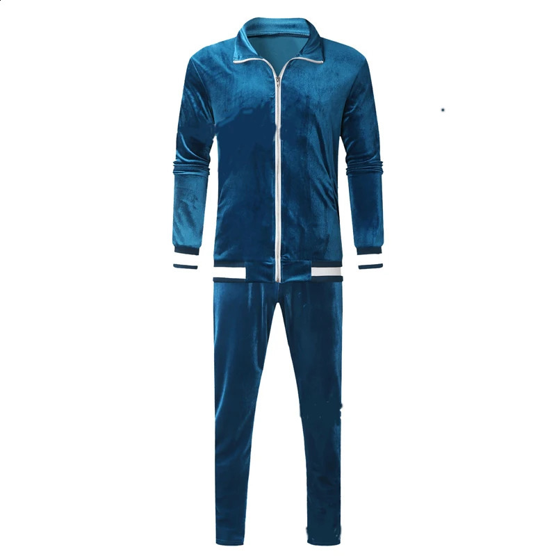 Latest mens velvet sportswear patchwork sportswear mens 2-piece set hooded sweatshirtpants blue sportswear spring autumn sportswear 240827