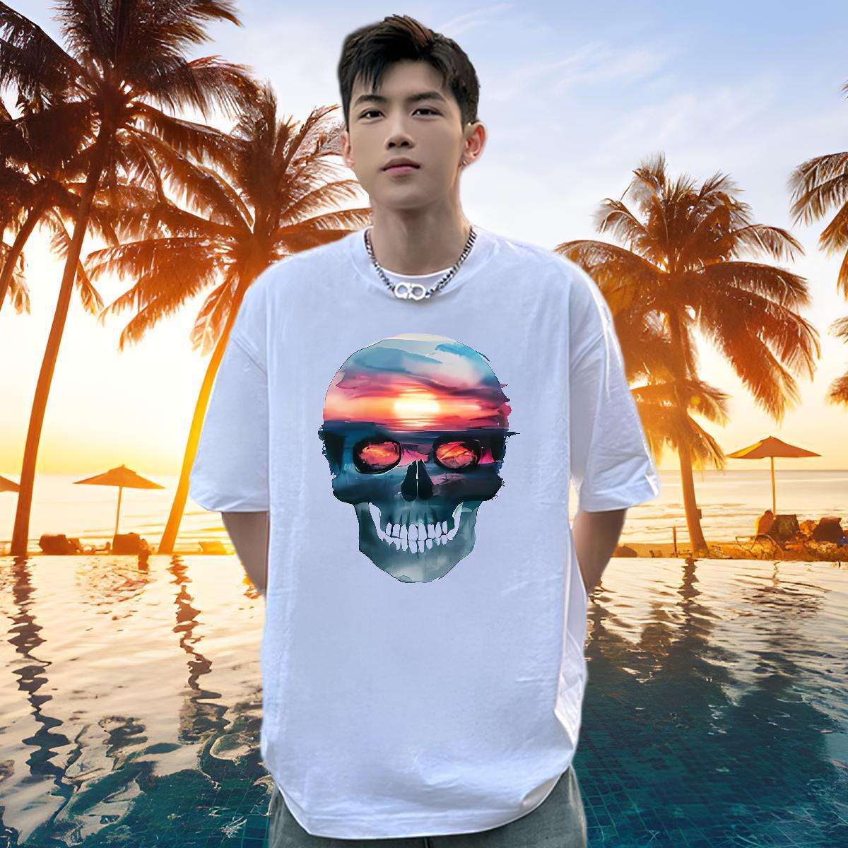 Brand T Shirts Men 230g 100% Cotton skull Spring Summer DIY Printed Breathable Short Sleeve Mens Tshirts Fashion Casual Clothings