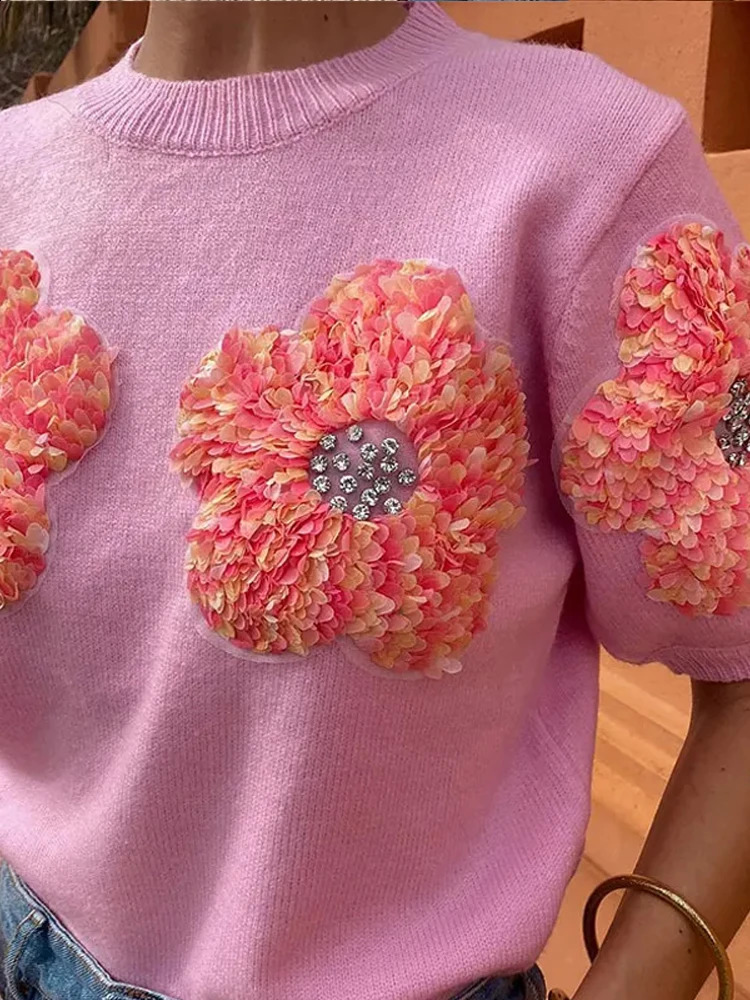 Fashion 3D Flower Print Women Knit Pullover Elegant Slim O-neck Short Sleeve Sweater Spring Summer Female Panelled Knitwear 240812