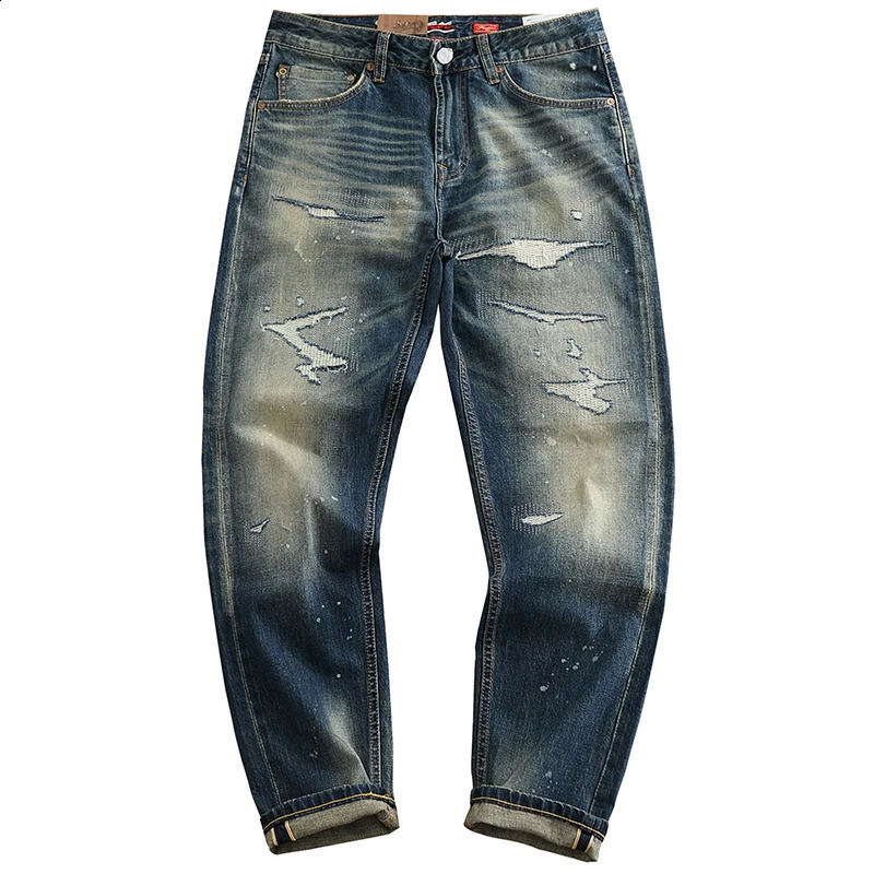 Red Selvedge Denim Jeans for Men High Quality 125oz Tapered Straight Pants Distressed Patch American Vintage Y2k Cityboys 512 240816