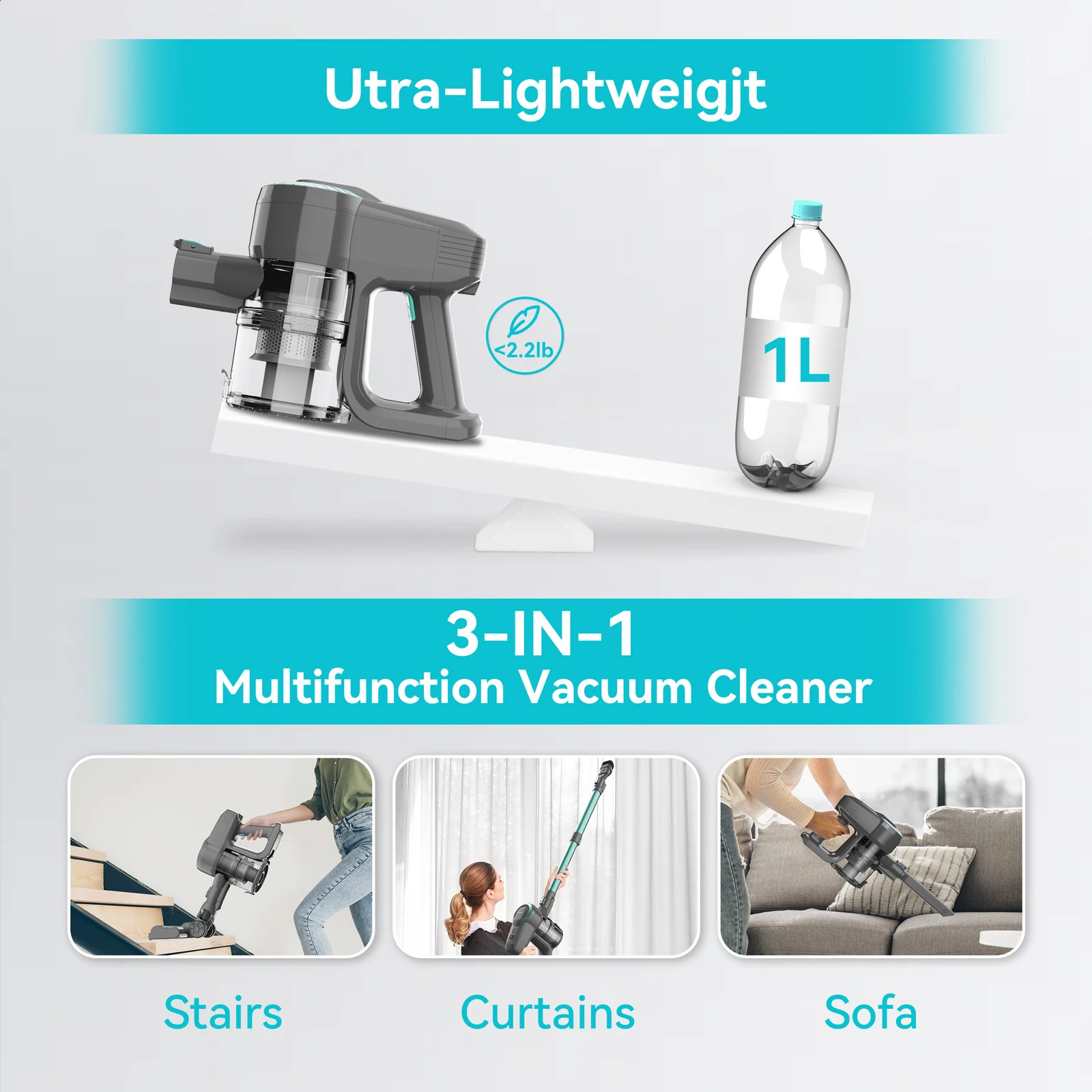 YISORA N300 Cordless Upright Vacuum Cleaner 20Kpa Ultra Lightweight Stick Vacuum for Carpet Hard Floor Car Pet Hair 240816
