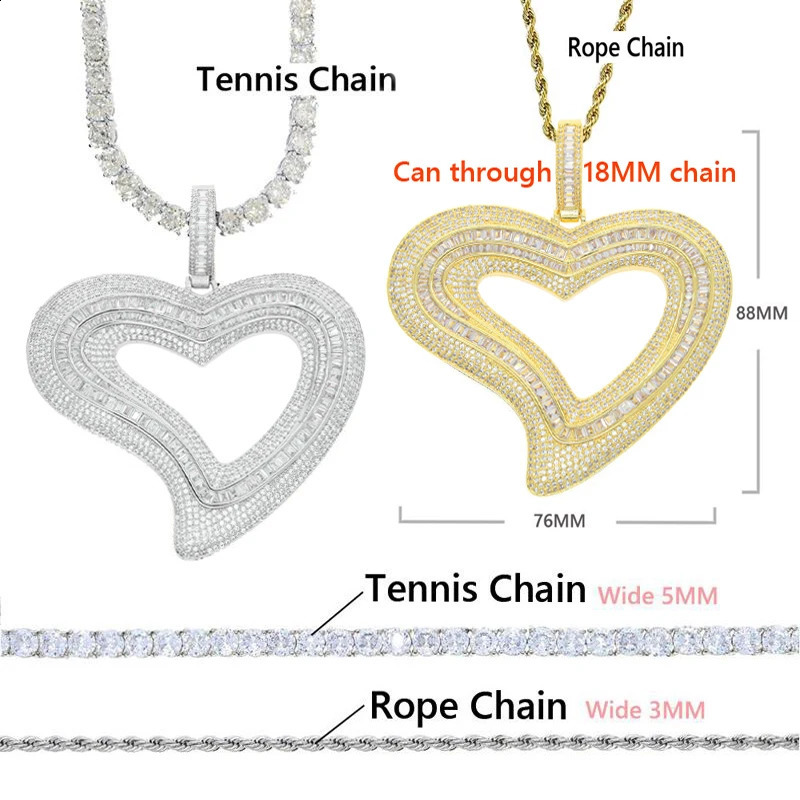 ice out large hollow heart-shaped pendant necklace with golden shimmer CZ cubic zirconia tennis chain charm womens hip-hop jewelry 240810