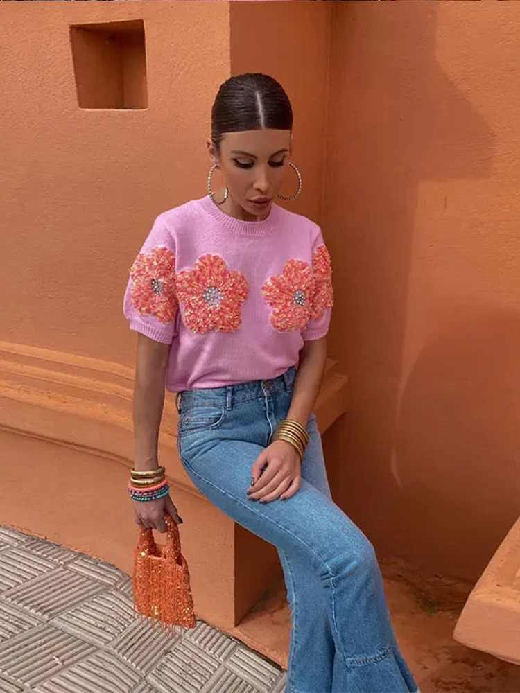 Fashion 3D Flower Print Women Knit Pullover Elegant Slim O-neck Short Sleeve Sweater Spring Summer Female Panelled Knitwear 240812