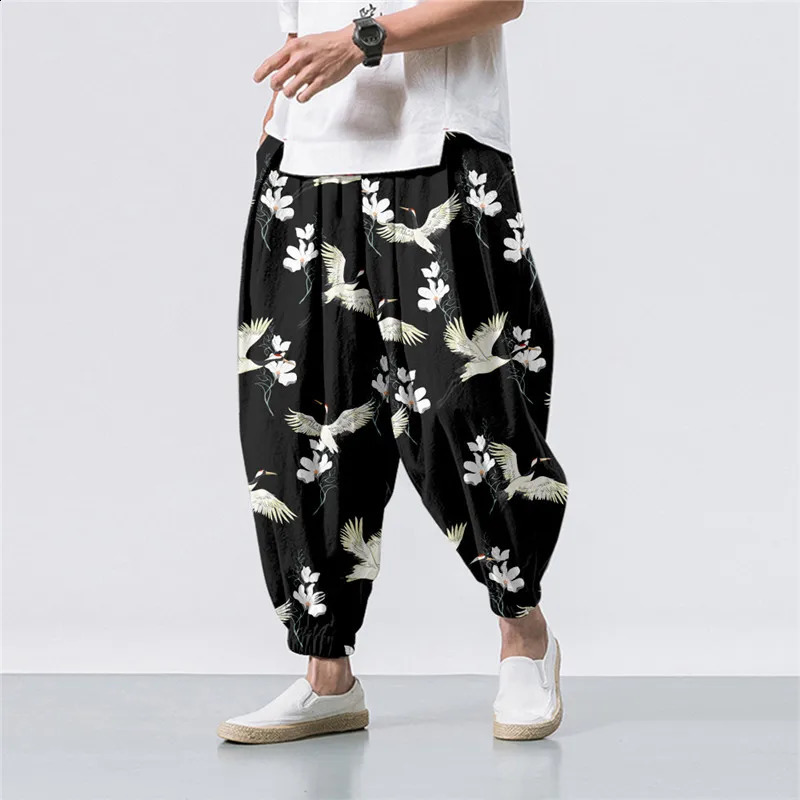 Oversize 6XL White Black Sun Moon Splicing Printed Casual Beach Harem Pants Men Hip Hop Nine Points Trousers Jogger Sweatpants 240816