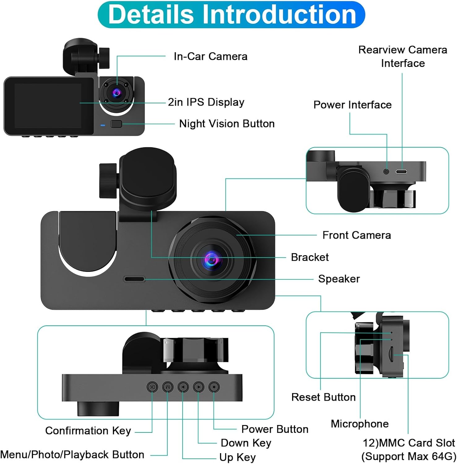 1080P HD Car DVR 3 Channel Dash Cam Front and Rear Inside Auto Camera Video Recorder 170° Wide Angle IR Night Vision Loop Recording Motion Detection 2