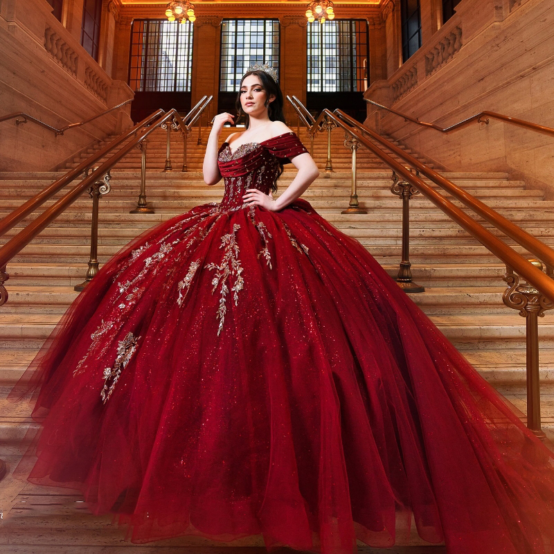Mexican Red Shiny Quinceanera Dress Ball Gown Gold Lace Applique Beaded Crystals Tull Corset Sweet 16 Vestidos De XV 15 Anos