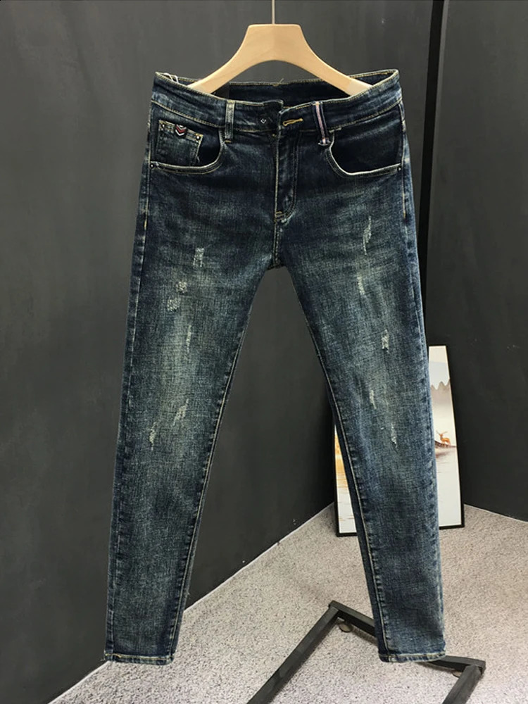 Spring Autumn Fashion Mens Jeans Skinny Washing Blue Stretch Classical pencil Pants Slim Fit Streetwear Clothing 240820
