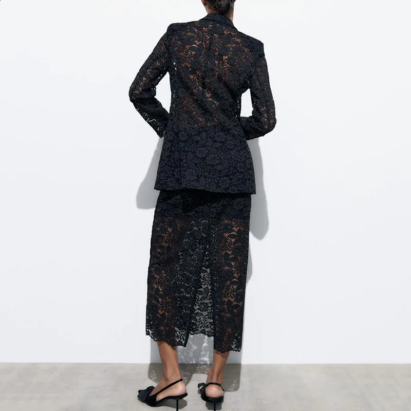summer solid lace hollow womens suit jacket casual skirt twopiece set w240816