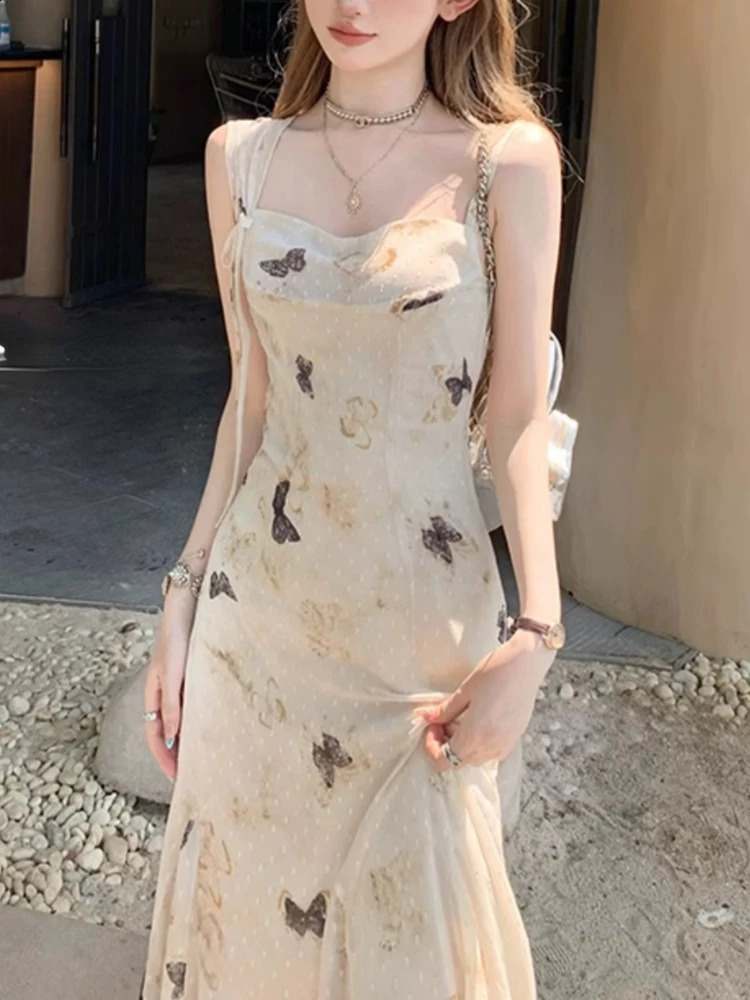 Vintage Y2k Strap Dress Women Summer Casual Sleeveless Retro Midi Dress Female Korean Slim Beach Boho One Piece Dress 240816