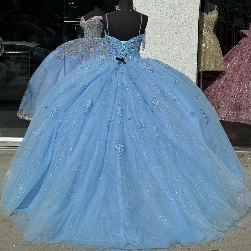Shiny Quinceanera Dresses Applique Lace Tull Spaghetti Strap Mexican Birthday Party Dress Vestidos de 15 anos